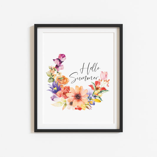 Hello summer watercolour floral wreath seasonal unframed wall art poster print