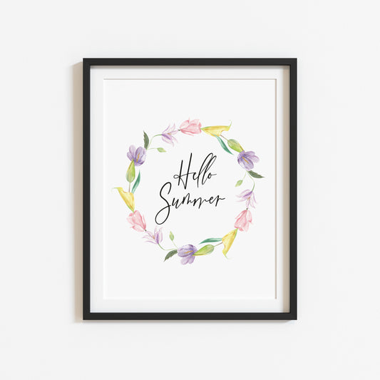 Summer print, Hello Summer purple pink yellow pastel floral wreath unframed wall art poster print