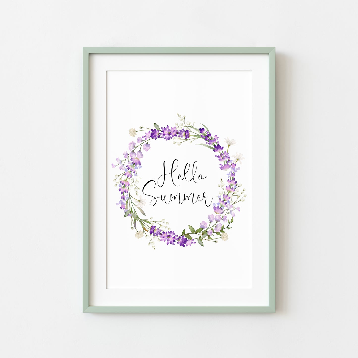 Hello Summer print floral lavender watercolour wreath unframed wall art poster print