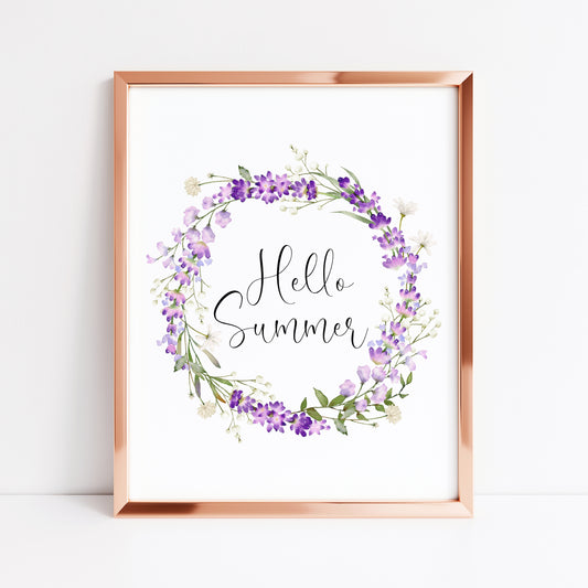 Hello Summer print floral lavender watercolour wreath unframed wall art poster print