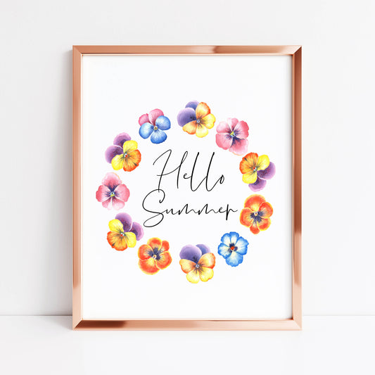 Summer prints Hello summer floral pansies watercolour seasonal home bedroom unframed wall art poster print summer accessories summer flowers