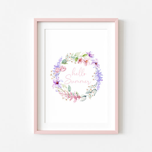 Hello summer pink and purple watercolour wreath home unframed wall art poster print