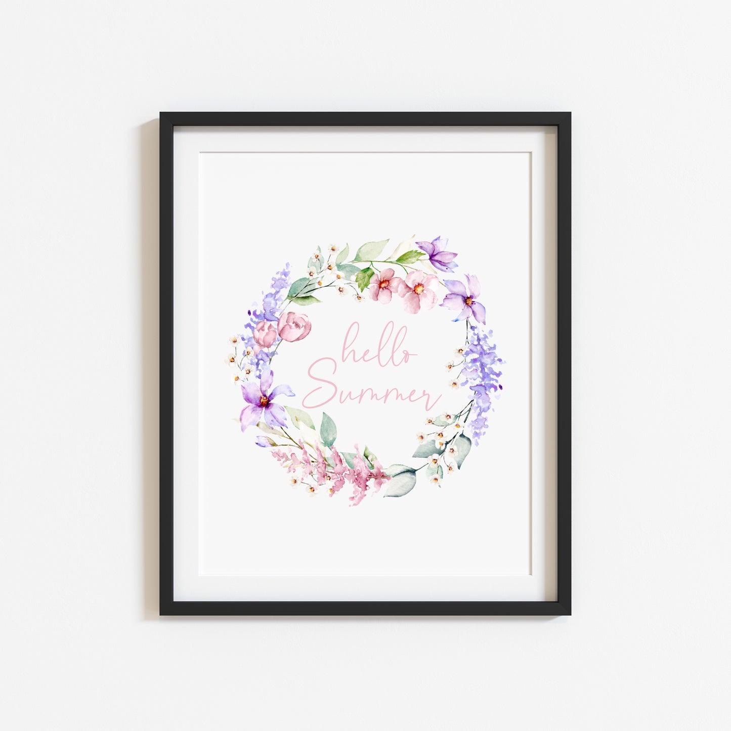 Hello summer pink and purple watercolour wreath home unframed wall art poster print