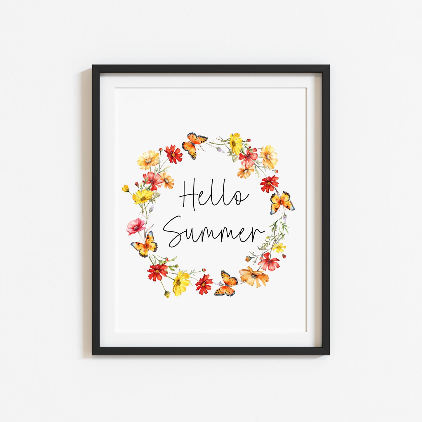 Summer print Hello summer red yellow wildflower watercolour wreath unframed wall art poster print