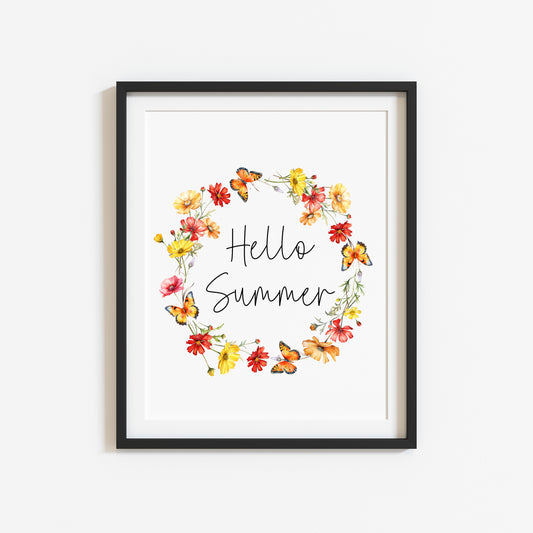 Summer print Hello summer red yellow wildflower watercolour wreath unframed wall art poster print