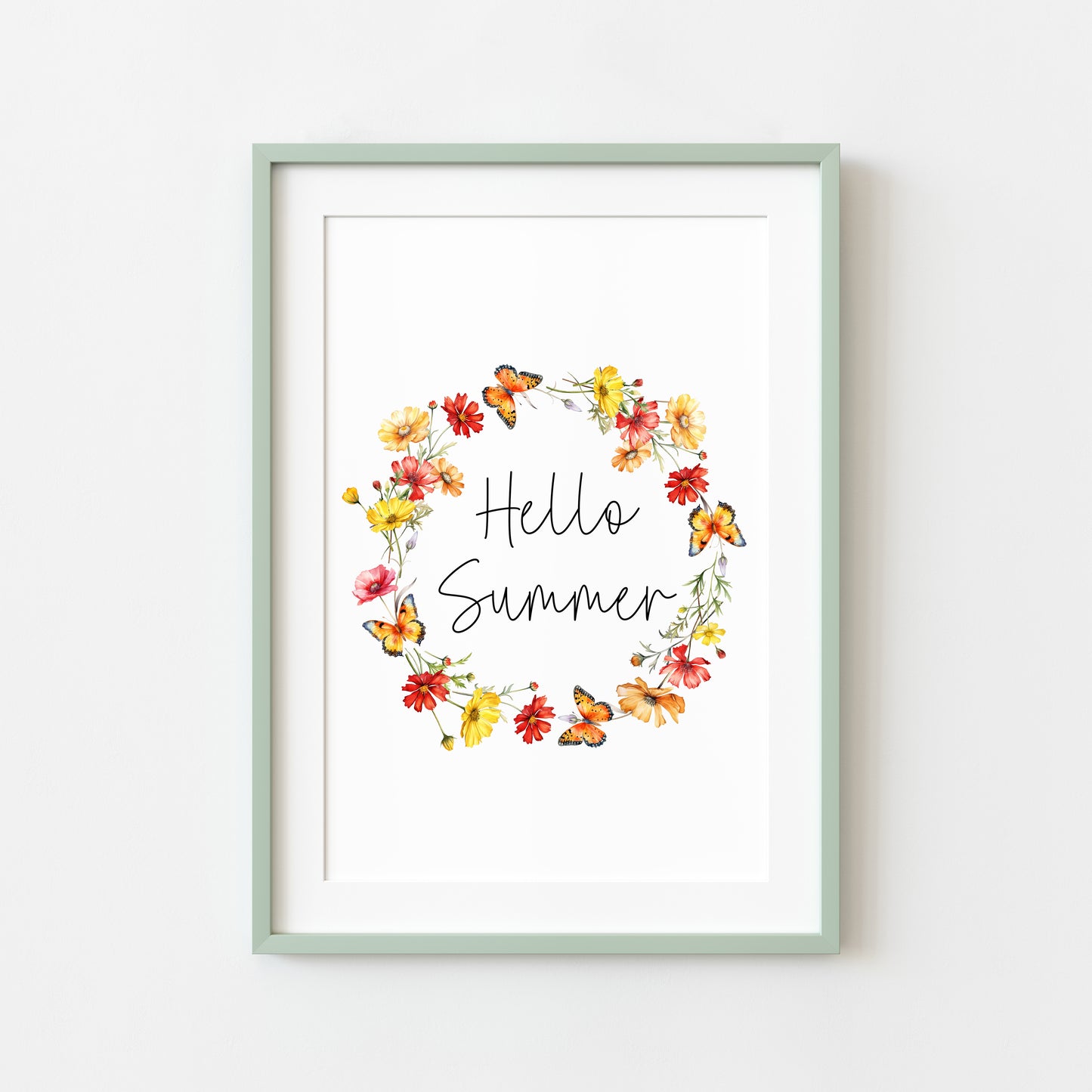 Summer print Hello summer red yellow wildflower watercolour wreath unframed wall art poster print