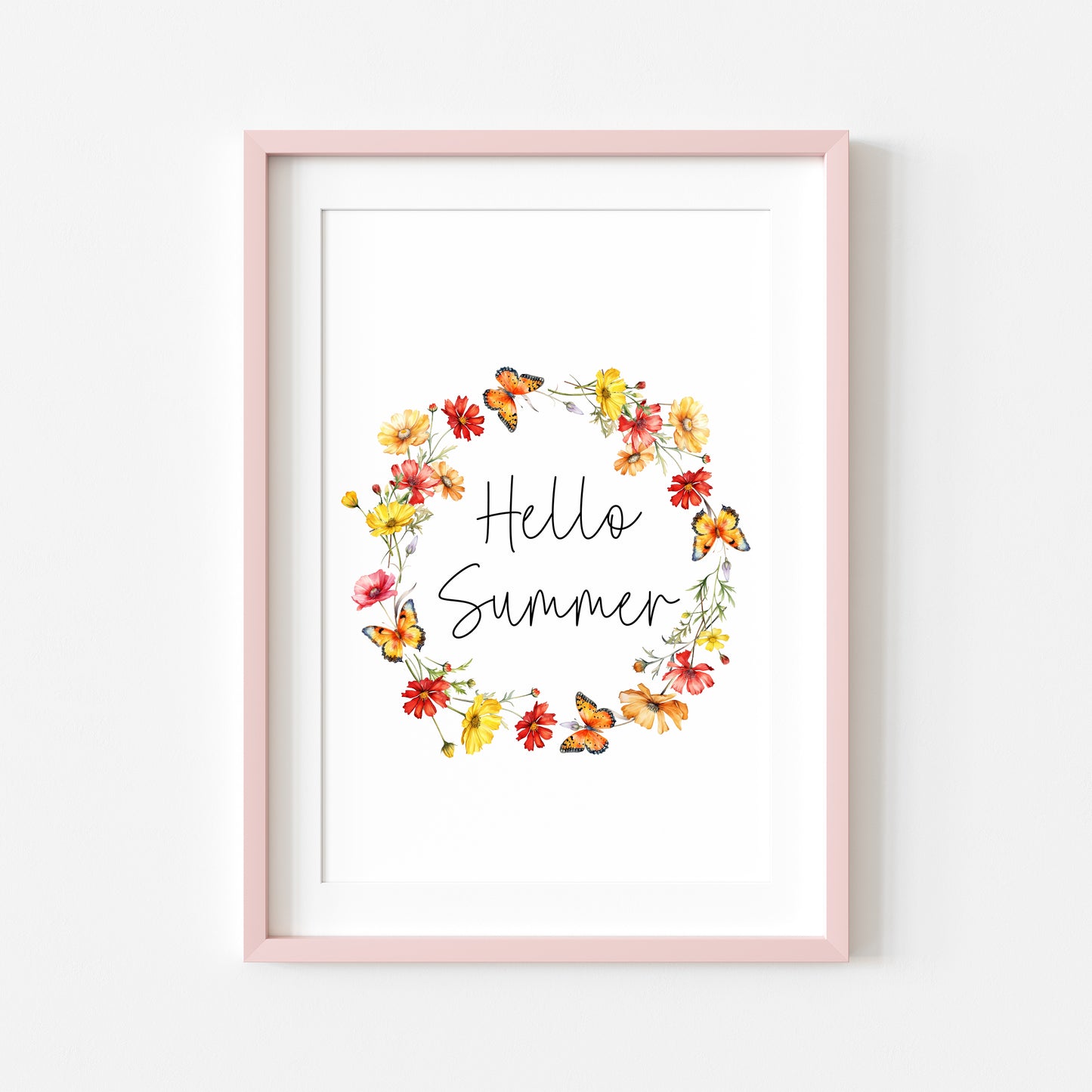 Summer print Hello summer red yellow wildflower watercolour wreath unframed wall art poster print