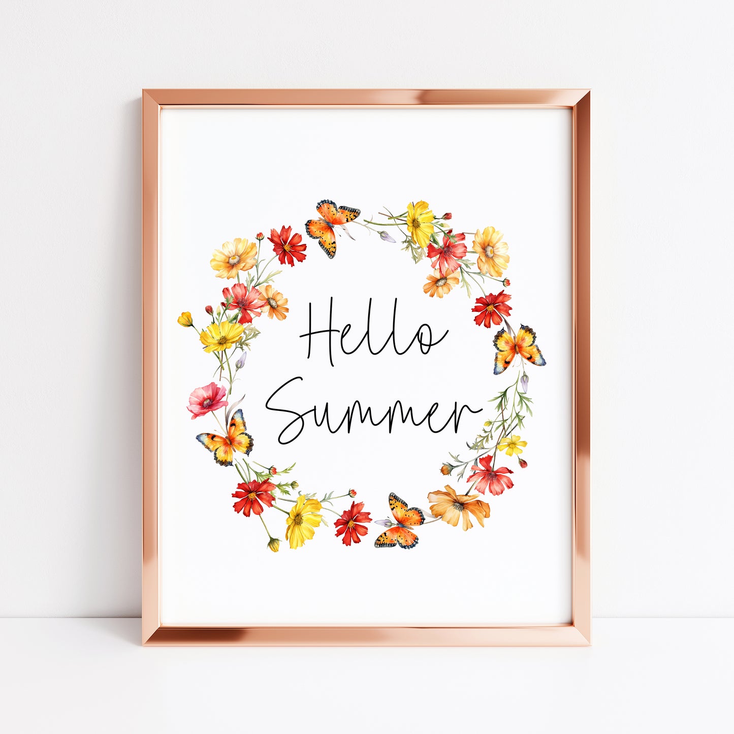 Summer print Hello summer red yellow wildflower watercolour wreath unframed wall art poster print