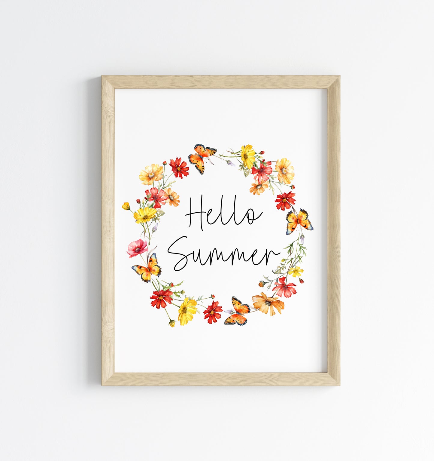 Summer print Hello summer red yellow wildflower watercolour wreath unframed wall art poster print