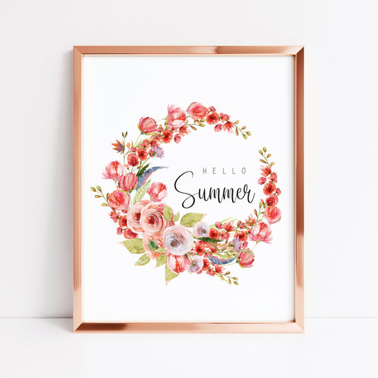Summer print, Hello Summer red pink green floral wreath unframed wall art poster print