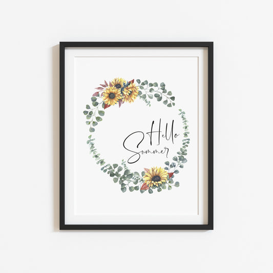 Summer print, Hello Summer Sunflower greenery eucalyptus floral wreath unframed wall art poster print