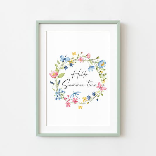 Summer print Hello Summer time pretty wildflower watercolour wreath unframed wall art poster print