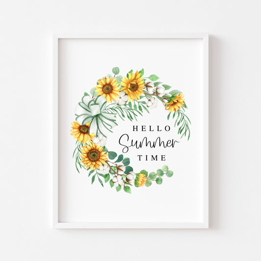 Summer Sunflower & Cotton Wreath Print seasonal Home Decor (unframed)