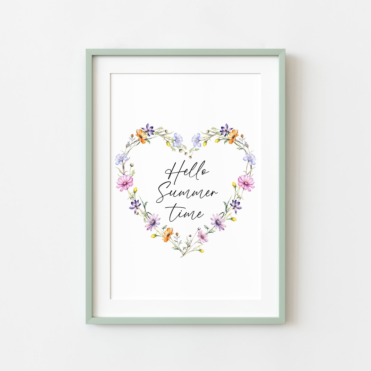 Hello Summer time floral wildflower heart wreath seasonal summer unframed wall art poster print