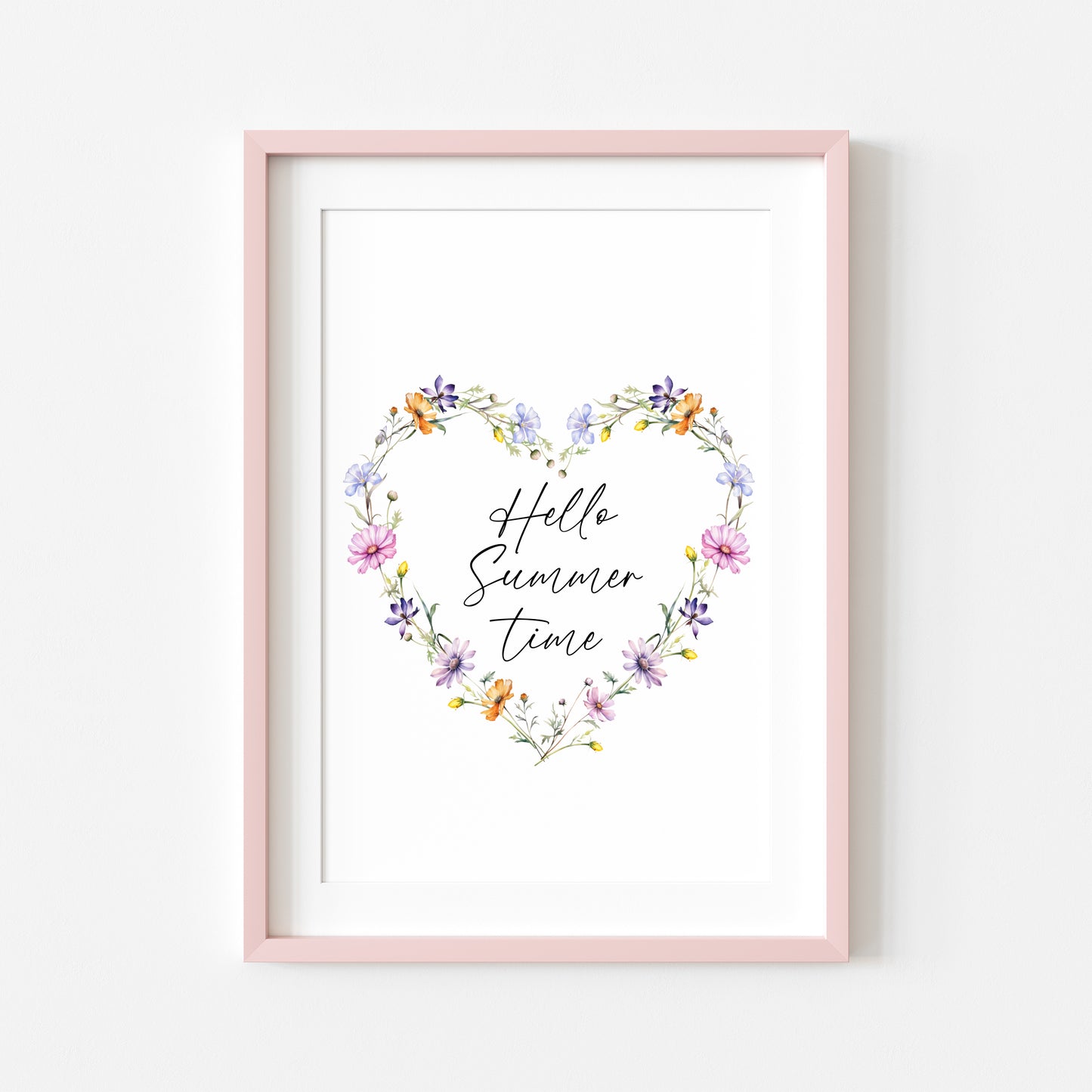 Hello Summer time floral wildflower heart wreath seasonal summer unframed wall art poster print