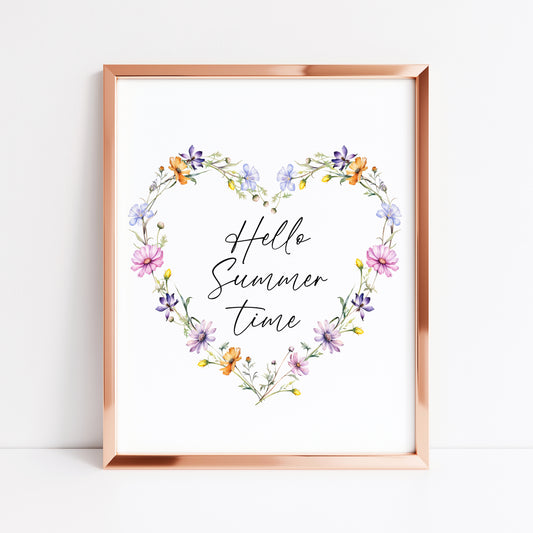 Hello Summer time floral wildflower heart wreath seasonal summer unframed wall art poster print
