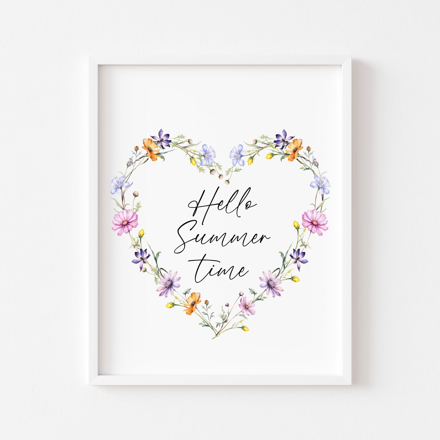 Hello Summer time floral wildflower heart wreath seasonal summer unframed wall art poster print