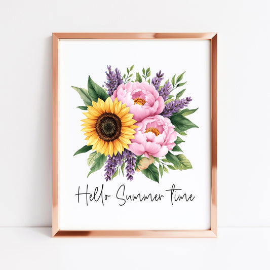 Sunflower Peony Print, Hello Summer Time Watercolour seasonal home Wall Art (unframed)