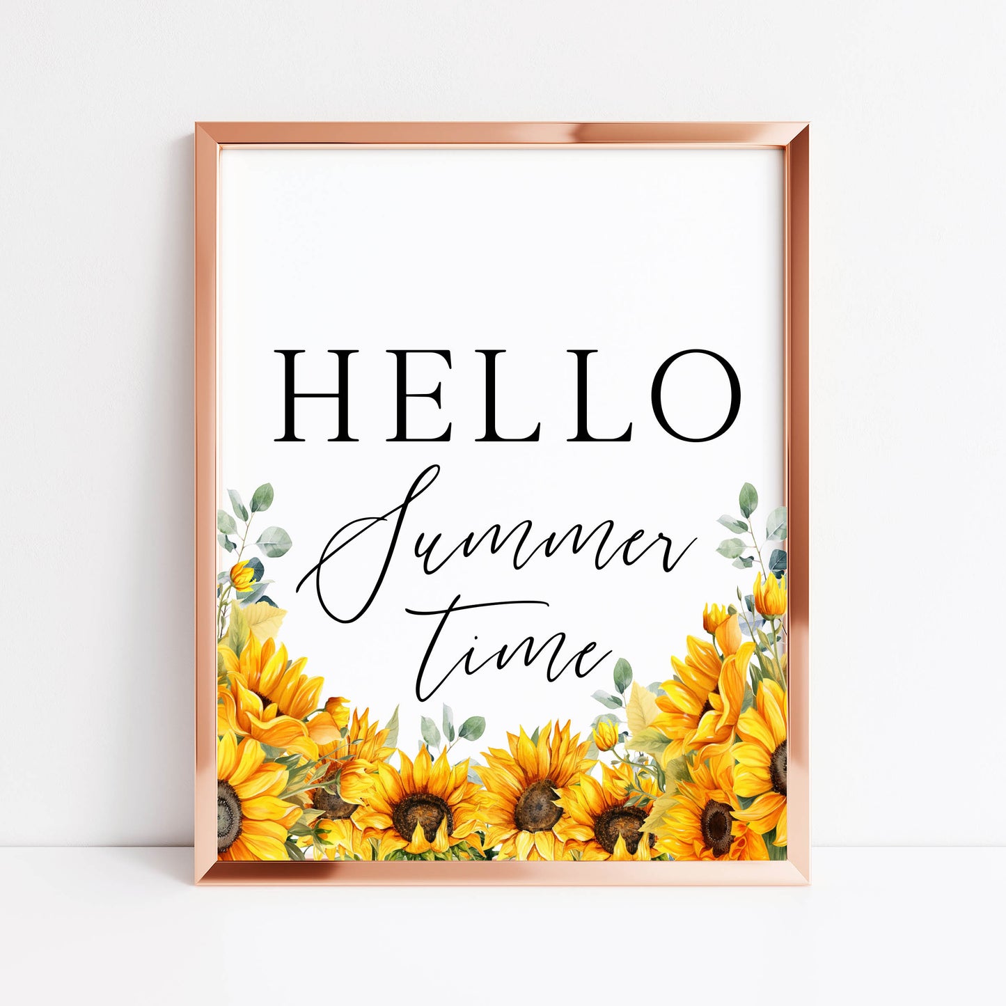 Summer print, Hello Summer sunflowers & eucalyptus watercolour seasonal home bedroom unframed wall art poster print summer accessories prints