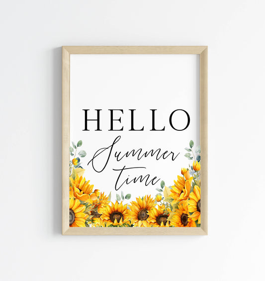 Summer print, Hello Summer sunflowers & eucalyptus watercolour seasonal home bedroom unframed wall art poster print summer accessories prints