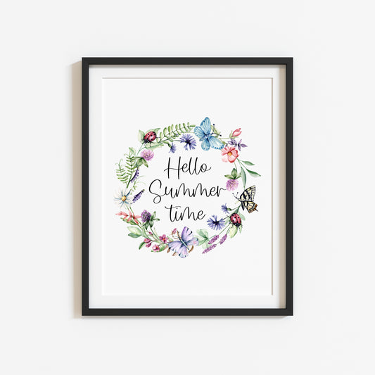 Hello summer time wildflower watercolour wreath summer home wall art unframed poster print
