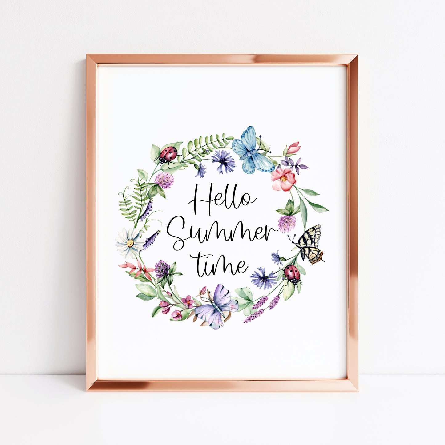 Hello summer time wildflower watercolour wreath summer home wall art unframed poster print