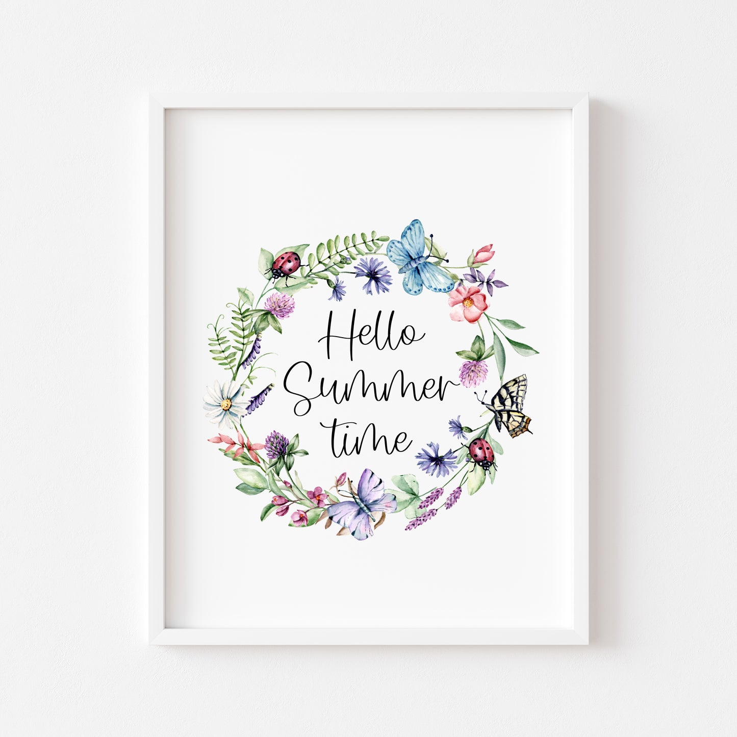Hello summer time wildflower watercolour wreath summer home wall art unframed poster print