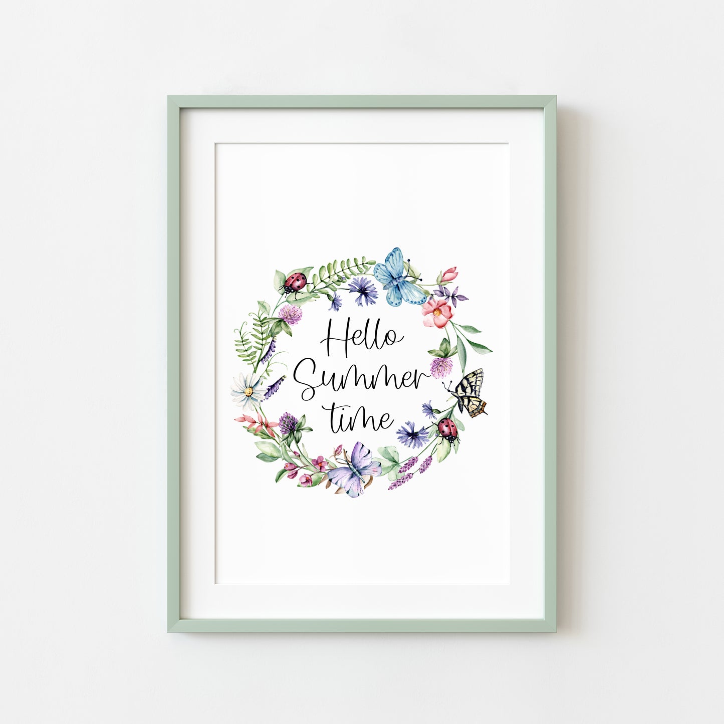 Hello summer time wildflower watercolour wreath summer home wall art unframed poster print