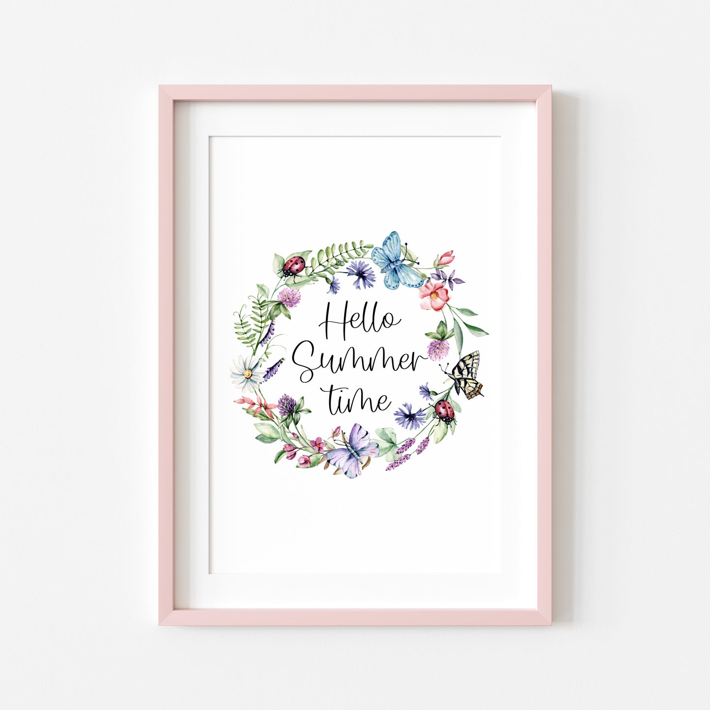 Hello summer time wildflower watercolour wreath summer home wall art unframed poster print