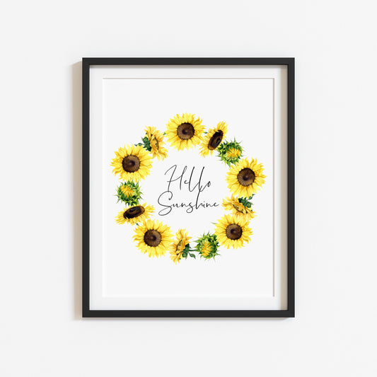Summer print, Hello sunshine sunflower wreath unframed wall art poster print