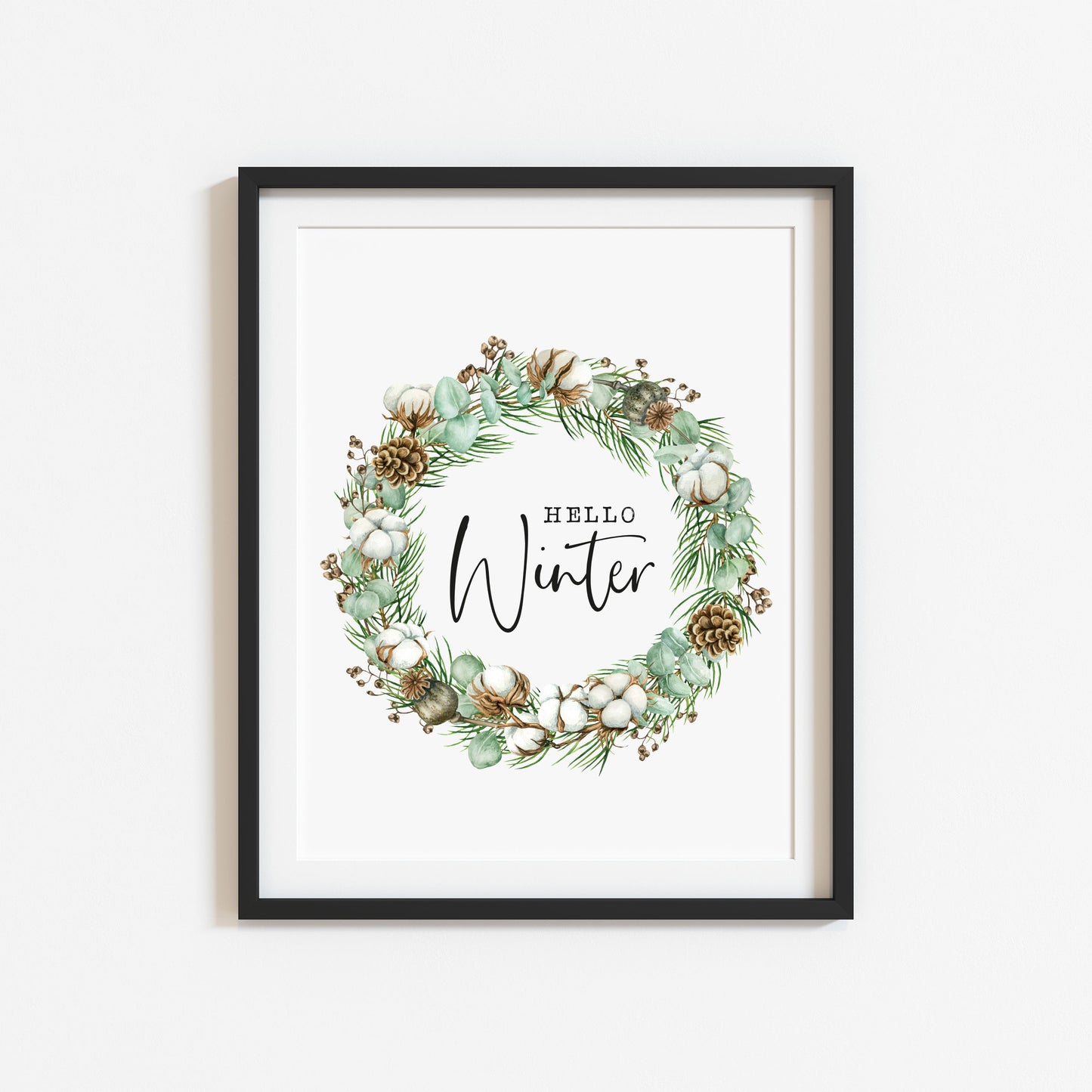 Hello winter green cotton and acorn wreath seasonal unframed wall art poster print
