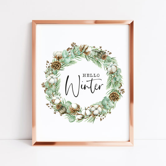 Hello winter green cotton and acorn wreath seasonal unframed wall art poster print