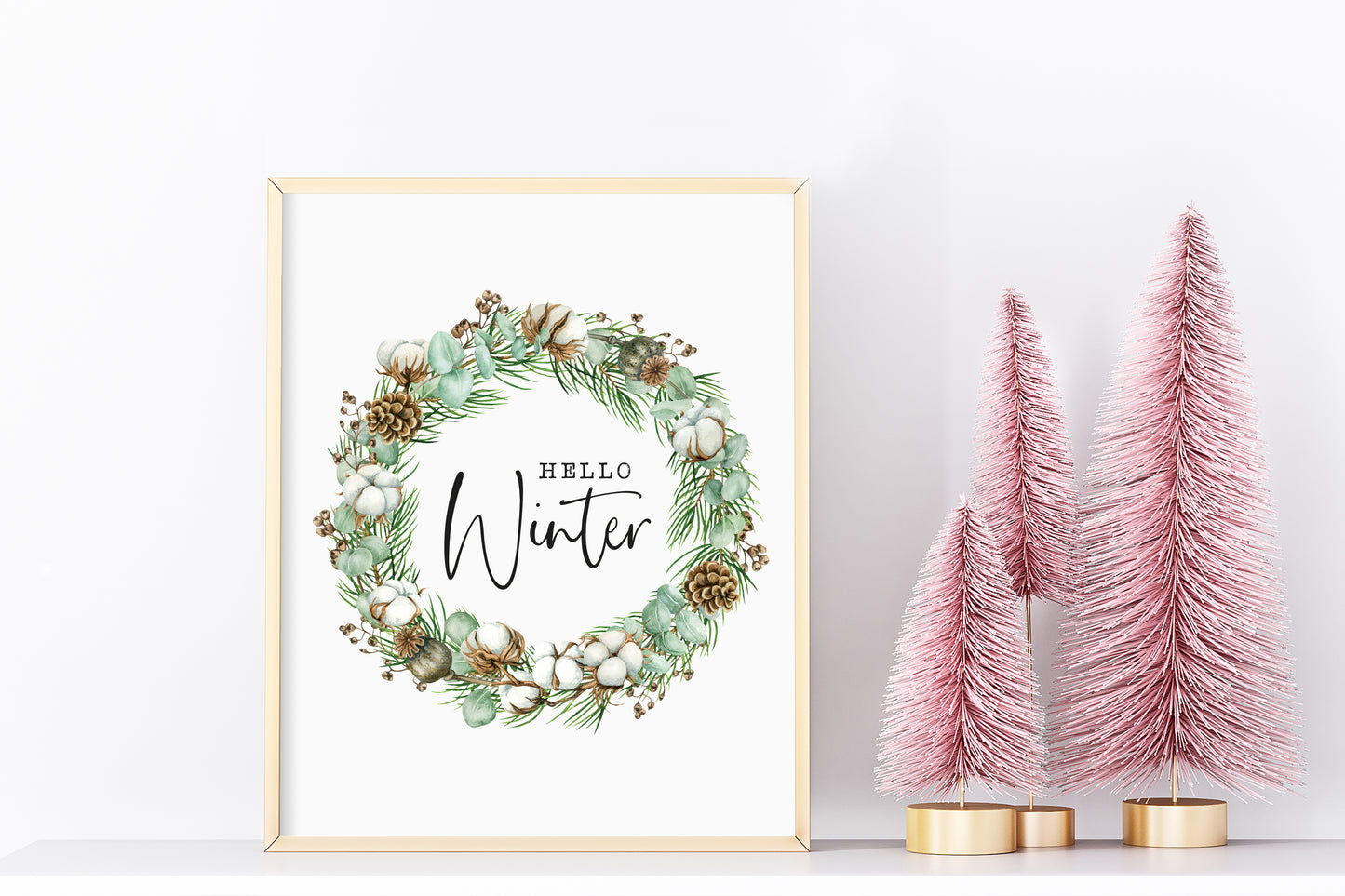 Hello winter green cotton and acorn wreath seasonal unframed wall art poster print