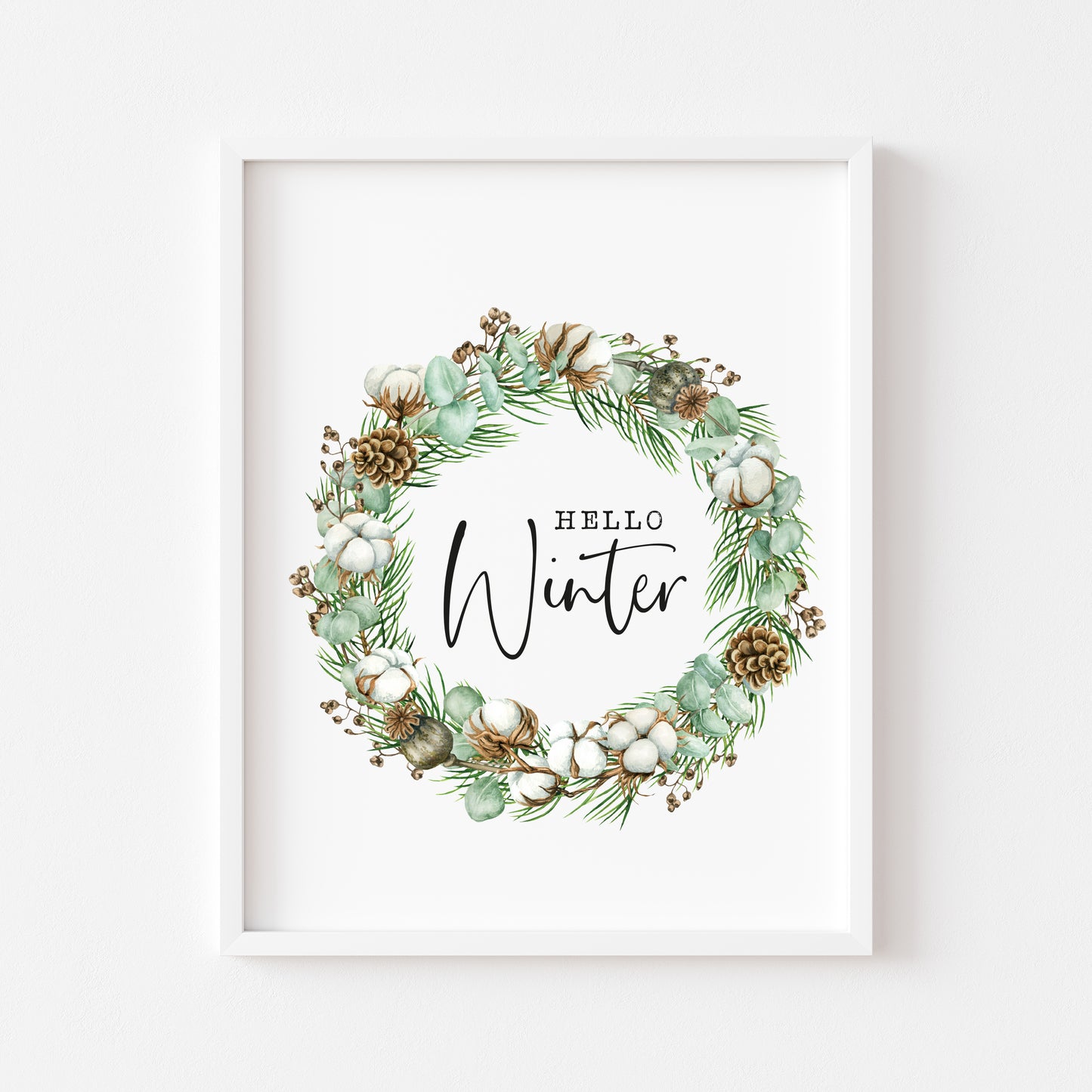 Hello winter green cotton and acorn wreath seasonal unframed wall art poster print