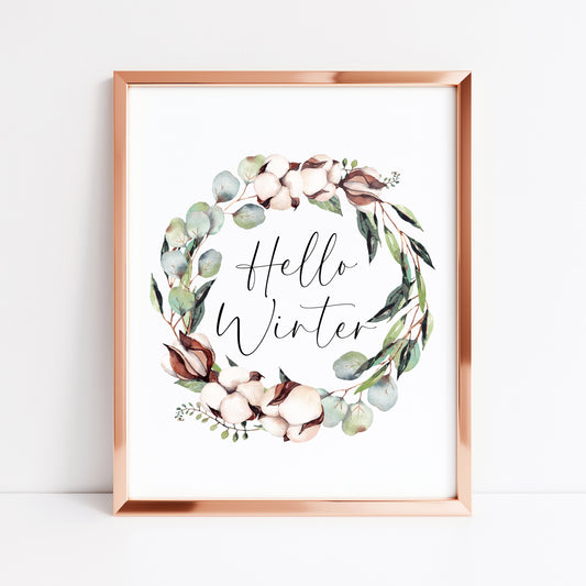 Hello winter Cotton & Eucalyptus wreath watercolour Christmas seasonal Winter unframed wall art poster print