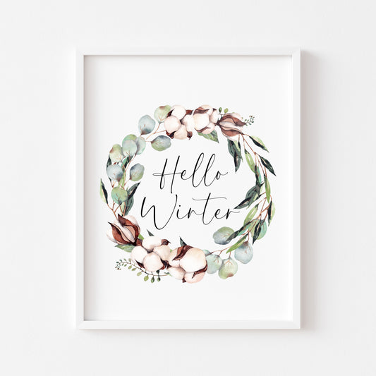 Hello winter Cotton & Eucalyptus wreath watercolour Christmas seasonal Winter unframed wall art poster print
