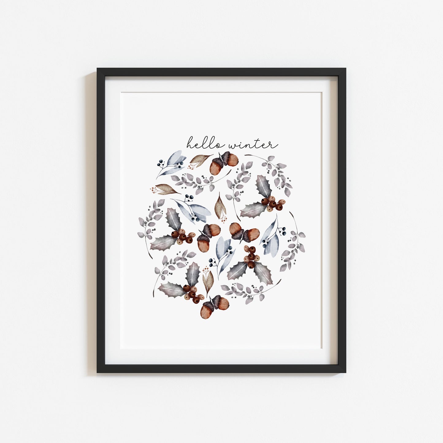 Hello winter floral circle pine cone bouquet seasonal Christmas unframed wall art poster print