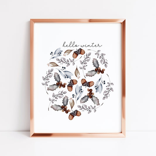 Hello winter floral circle pine cone bouquet seasonal Christmas unframed wall art poster print