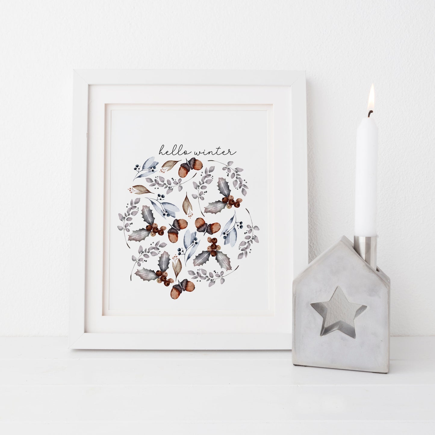 Hello winter floral circle pine cone bouquet seasonal Christmas unframed wall art poster print