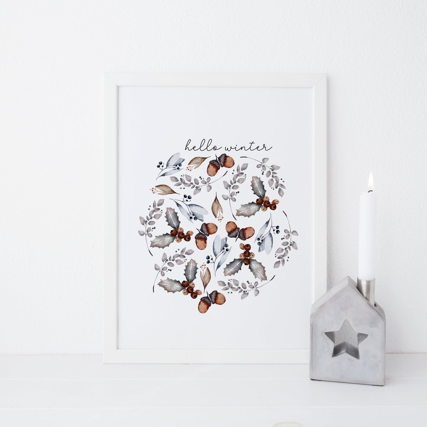 Hello winter floral circle pine cone bouquet seasonal Christmas unframed wall art poster print