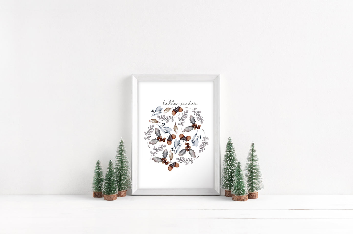 Hello winter floral circle pine cone bouquet seasonal Christmas unframed wall art poster print
