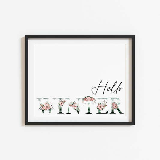 Hello Winter landscape watercolour wreath xmas seasonal unframed wall art poster print