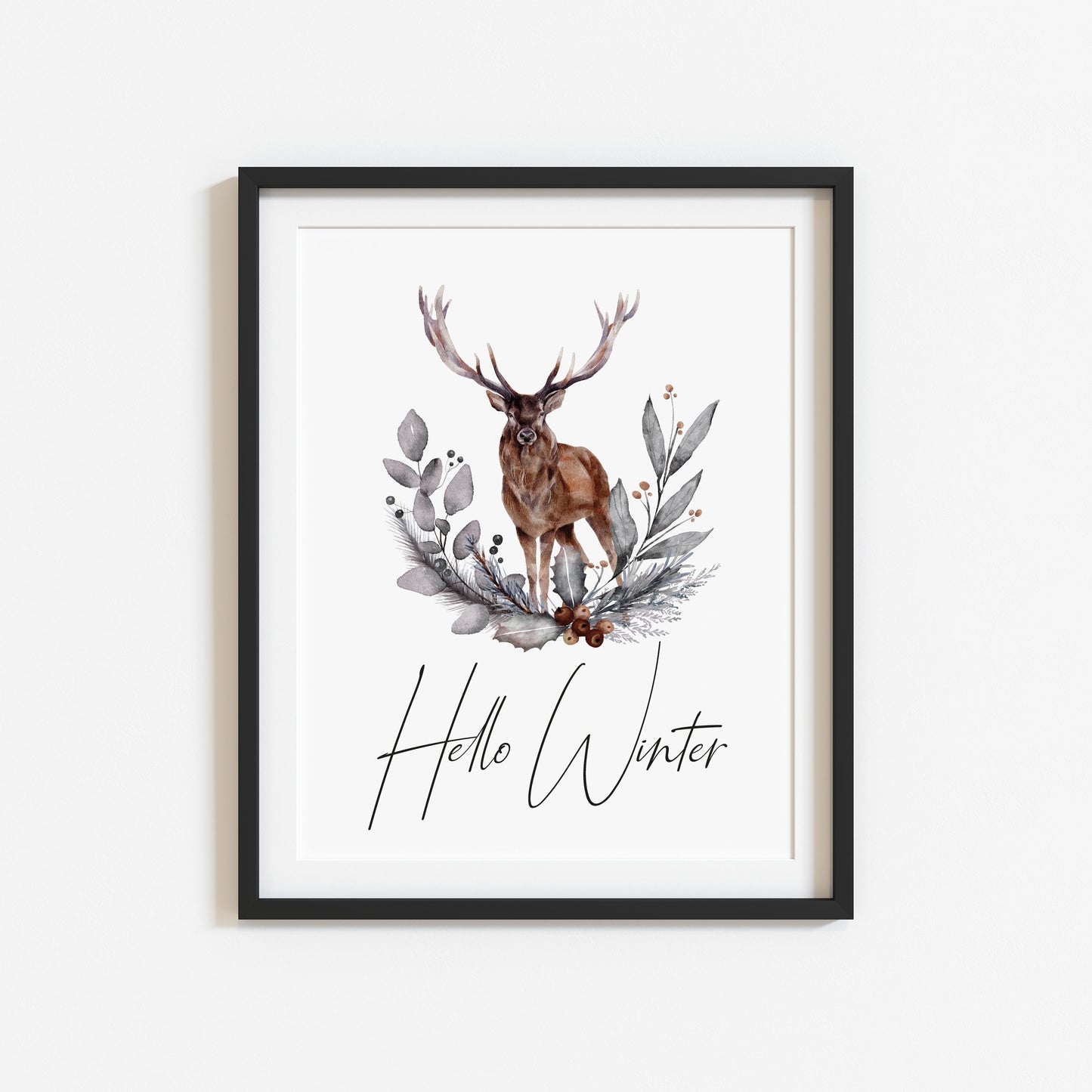 Hello winter Stag floral pine cone wreath bouquet seasonal unframed wall art poster print