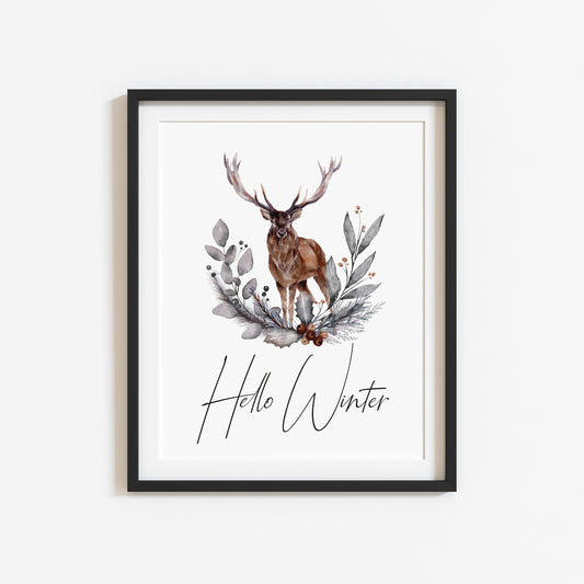 Hello winter Stag floral pine cone wreath bouquet seasonal unframed wall art poster print