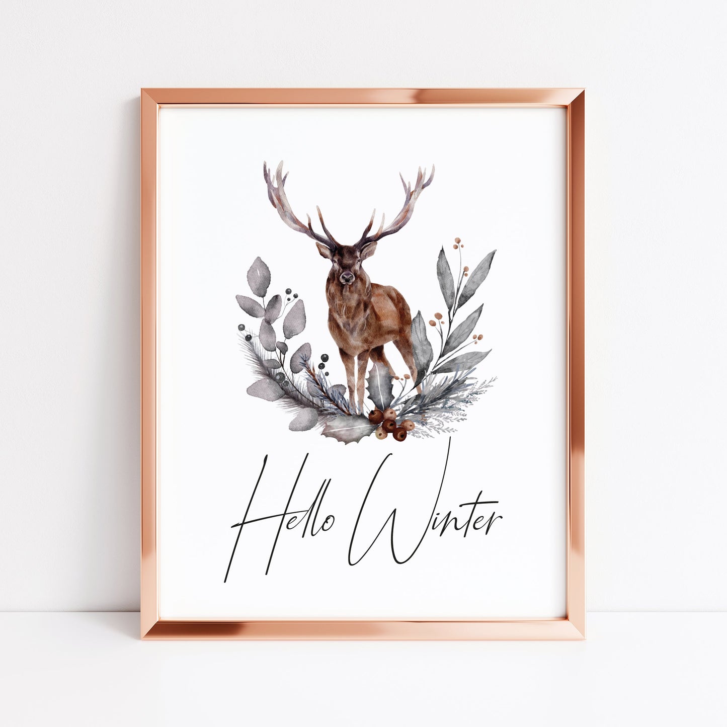 Hello winter Stag floral pine cone wreath bouquet seasonal unframed wall art poster print