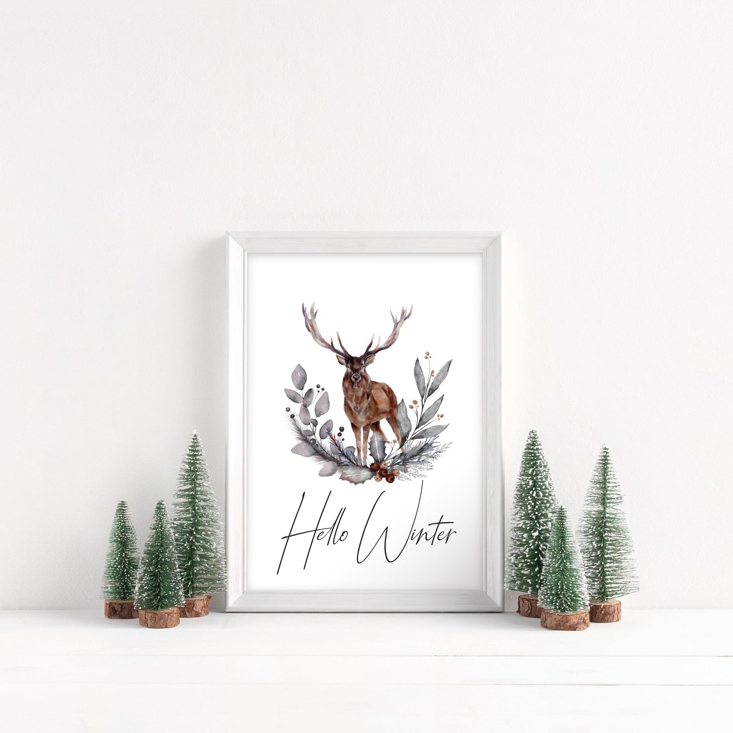 Hello winter Stag floral pine cone wreath bouquet seasonal unframed wall art poster print
