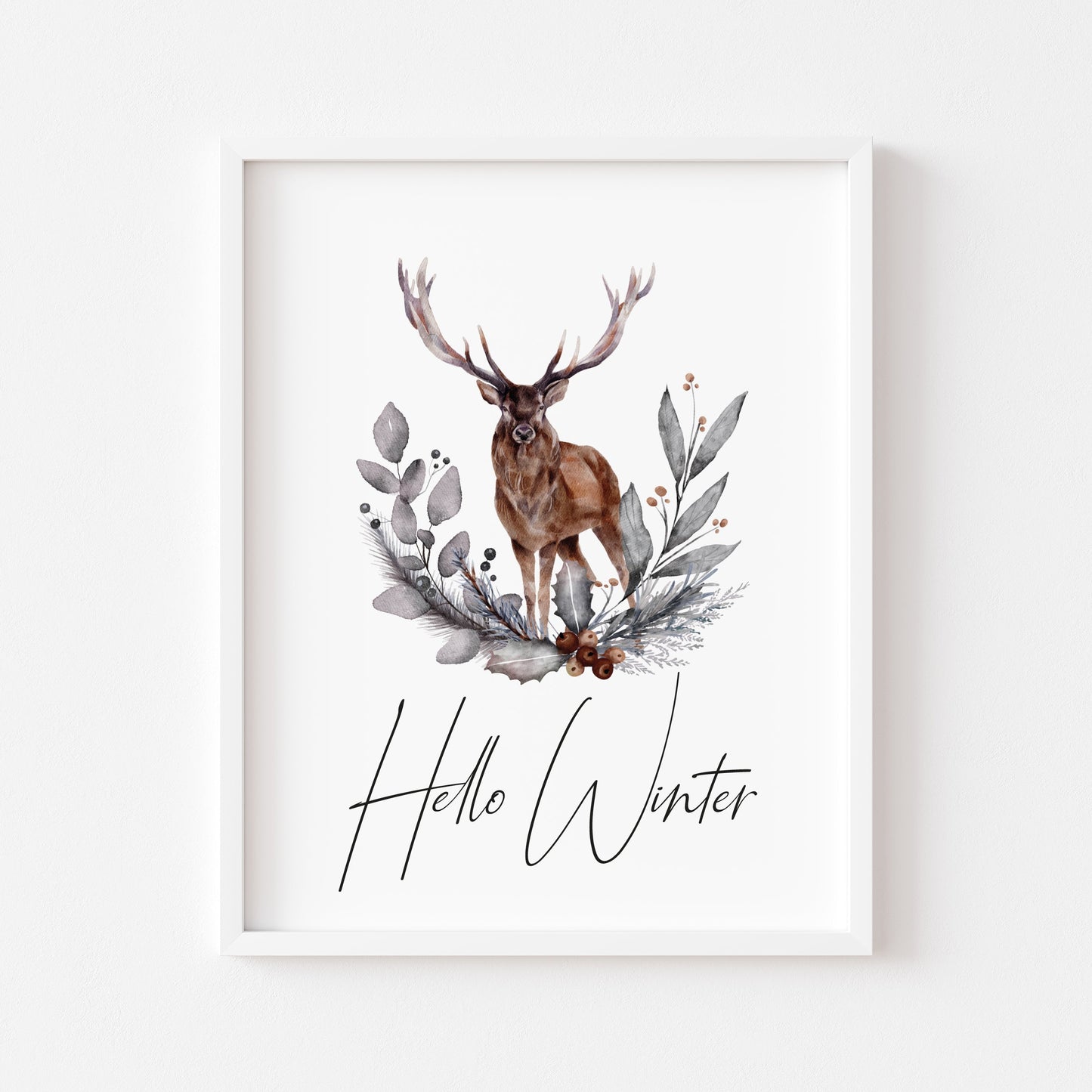 Hello winter Stag floral pine cone wreath bouquet seasonal unframed wall art poster print