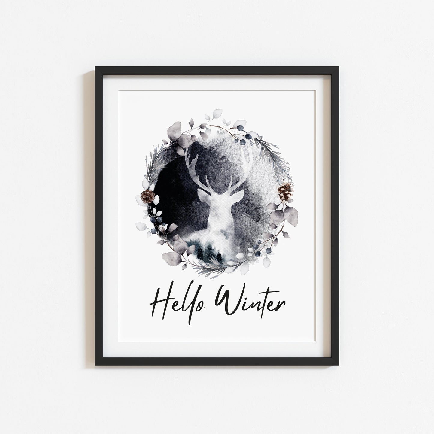 Hello winter black and white Stag floral pine cone wreath seasonal unframed wall art poster print