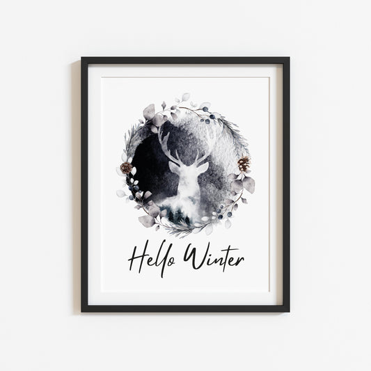 Hello winter black and white Stag floral pine cone wreath seasonal unframed wall art poster print