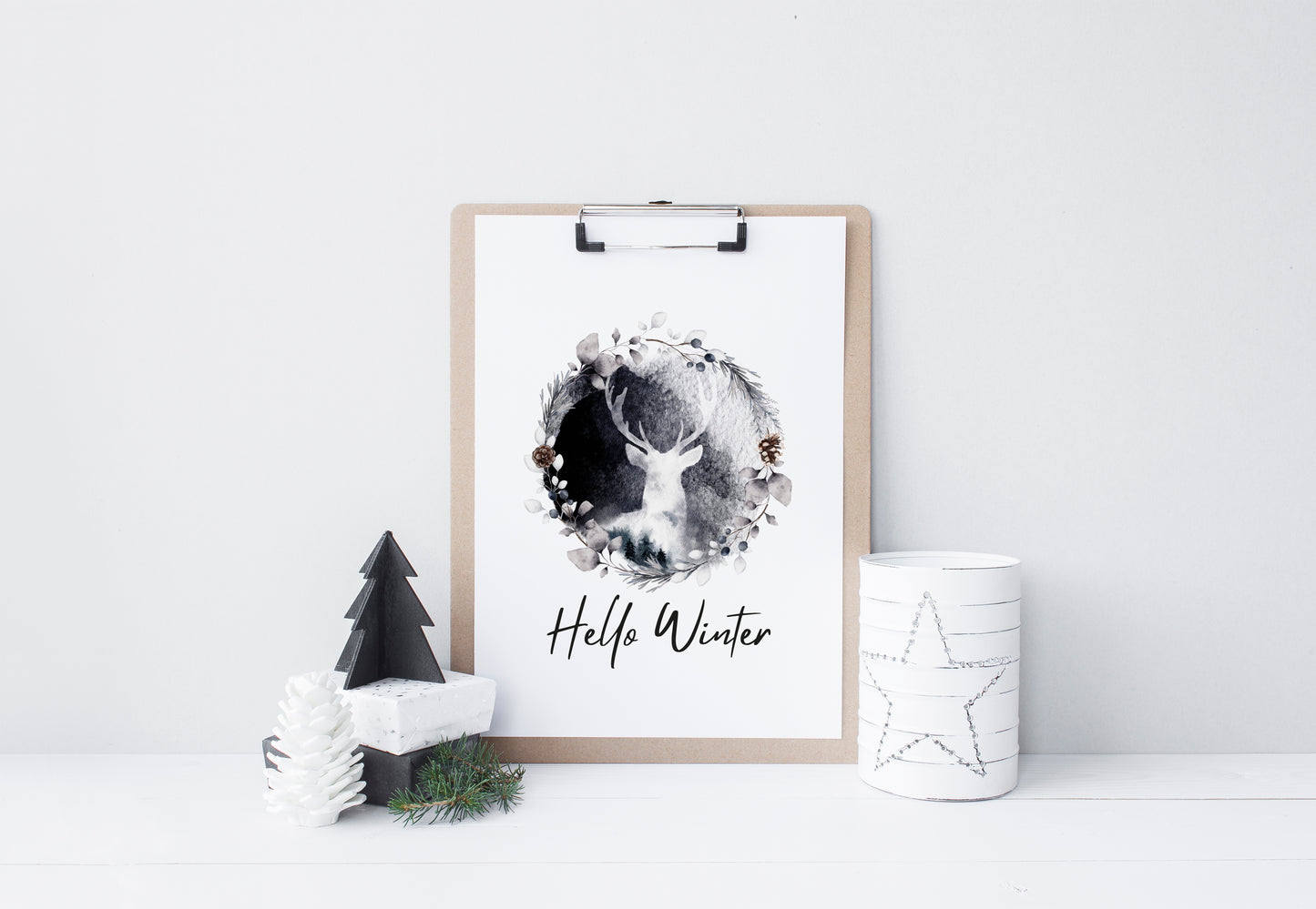 Hello winter black and white Stag floral pine cone wreath seasonal unframed wall art poster print